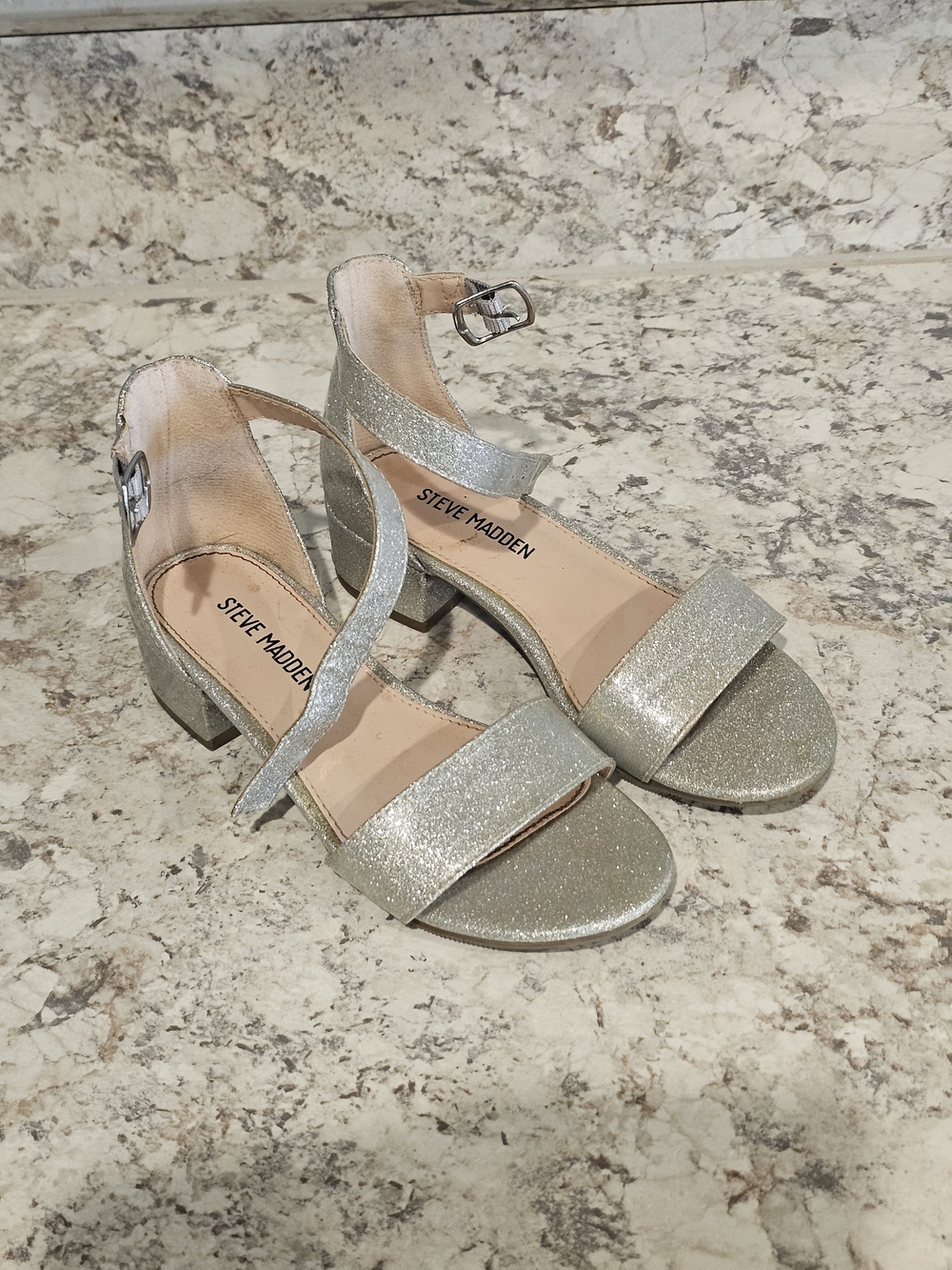 Steve Madden Silver Glitter Mid Block Heel Sandals